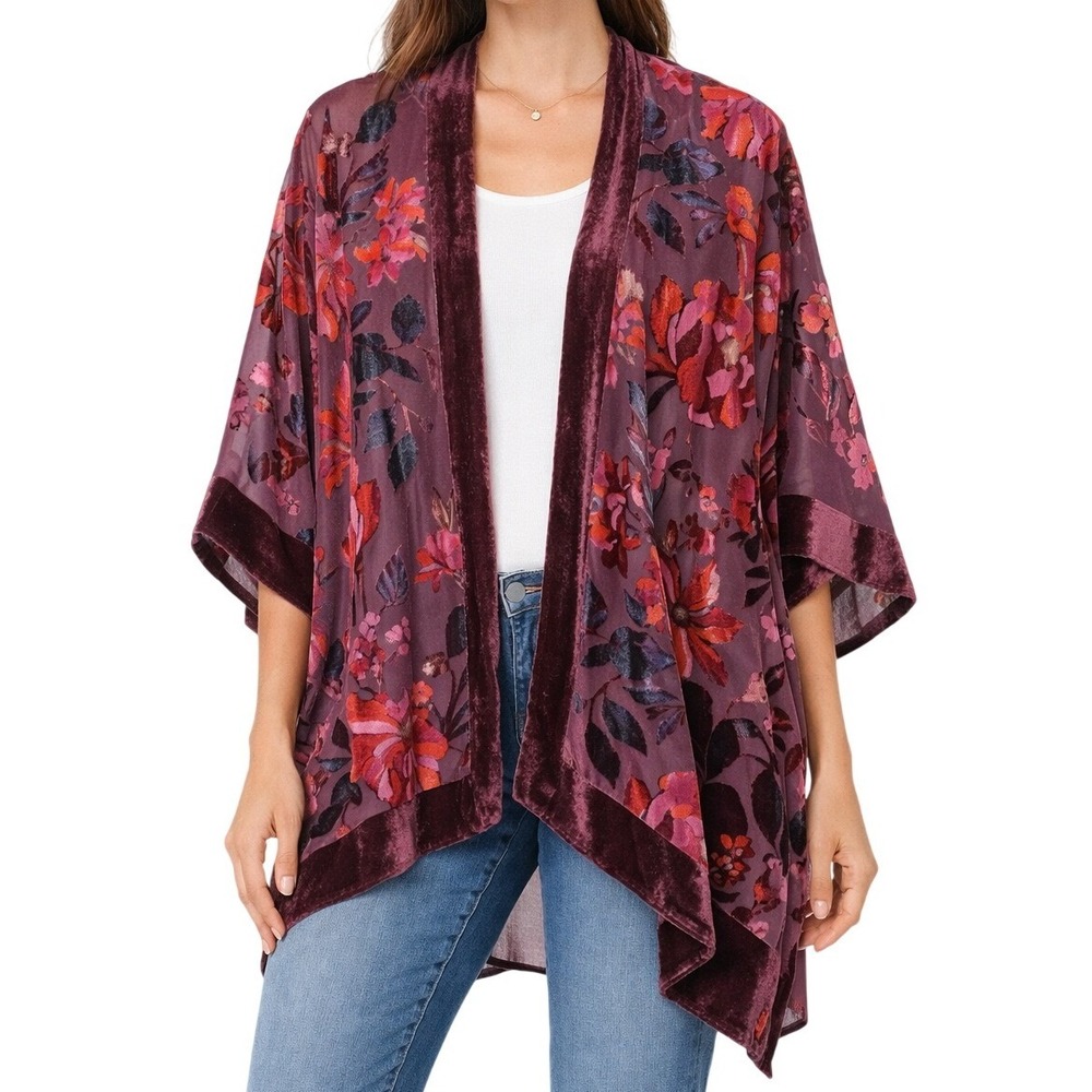 J. Jill Women XL-3X Purple Burnout Velvet Floral Kimono Wrap Open Front Cardigan